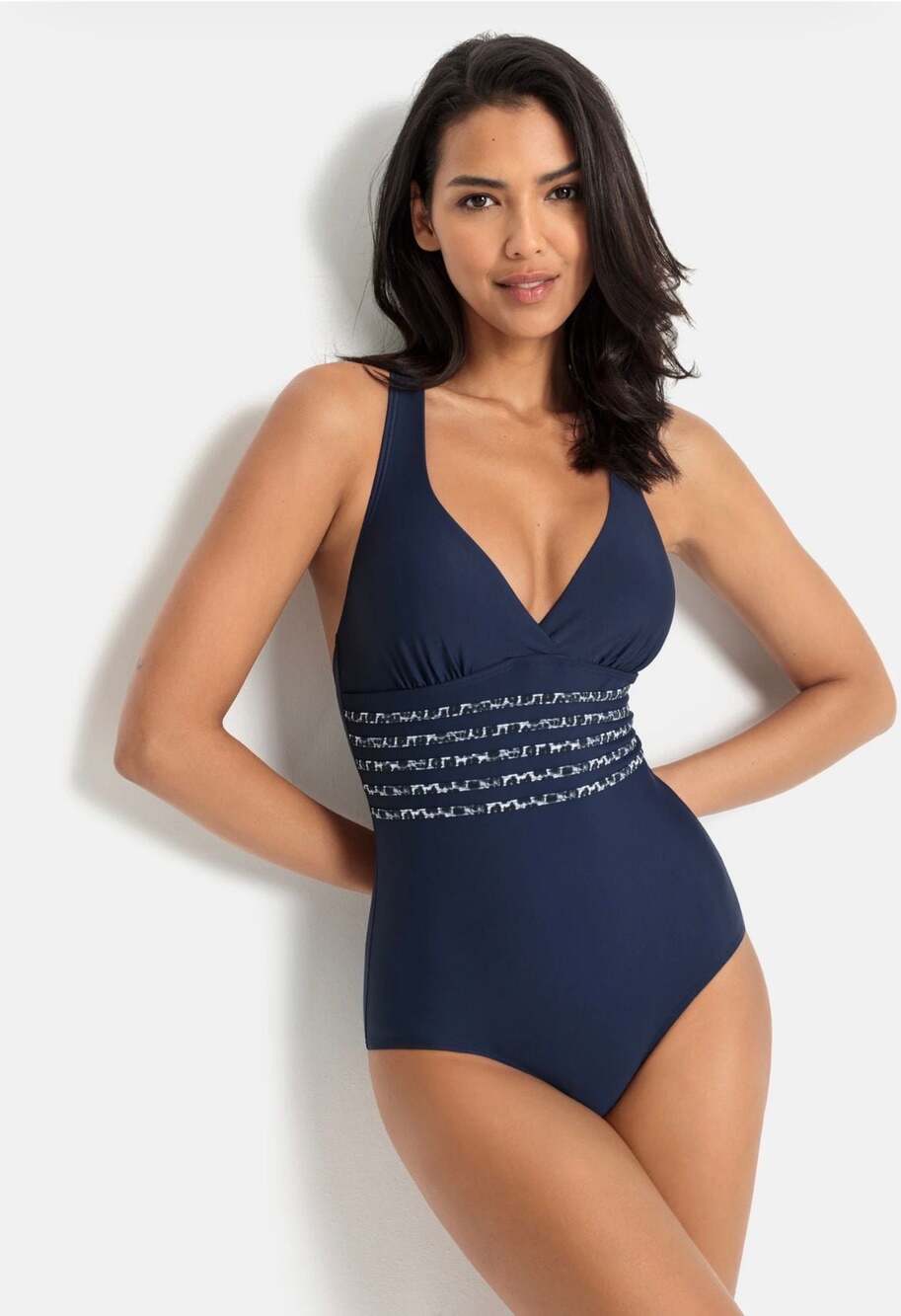 LASCANA Women's Navy Leopard Cheetah Trim Tummy Control Swimsuit Sz 4/B Cup